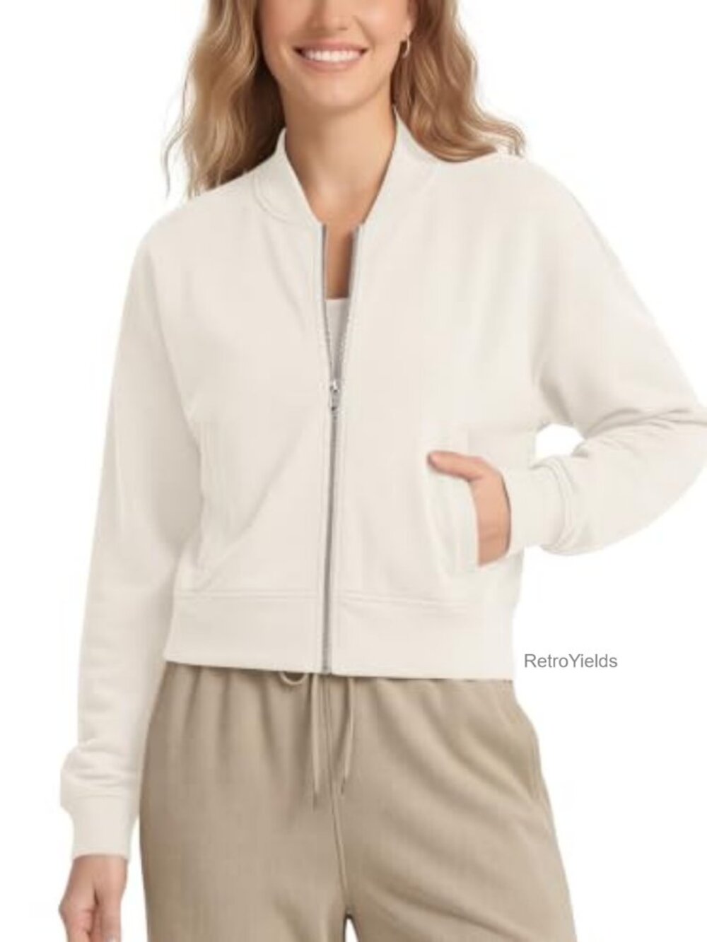 Modal Soft Full-Zip Bomber Jacket Long Sleeve Cropped Casual Fall Women